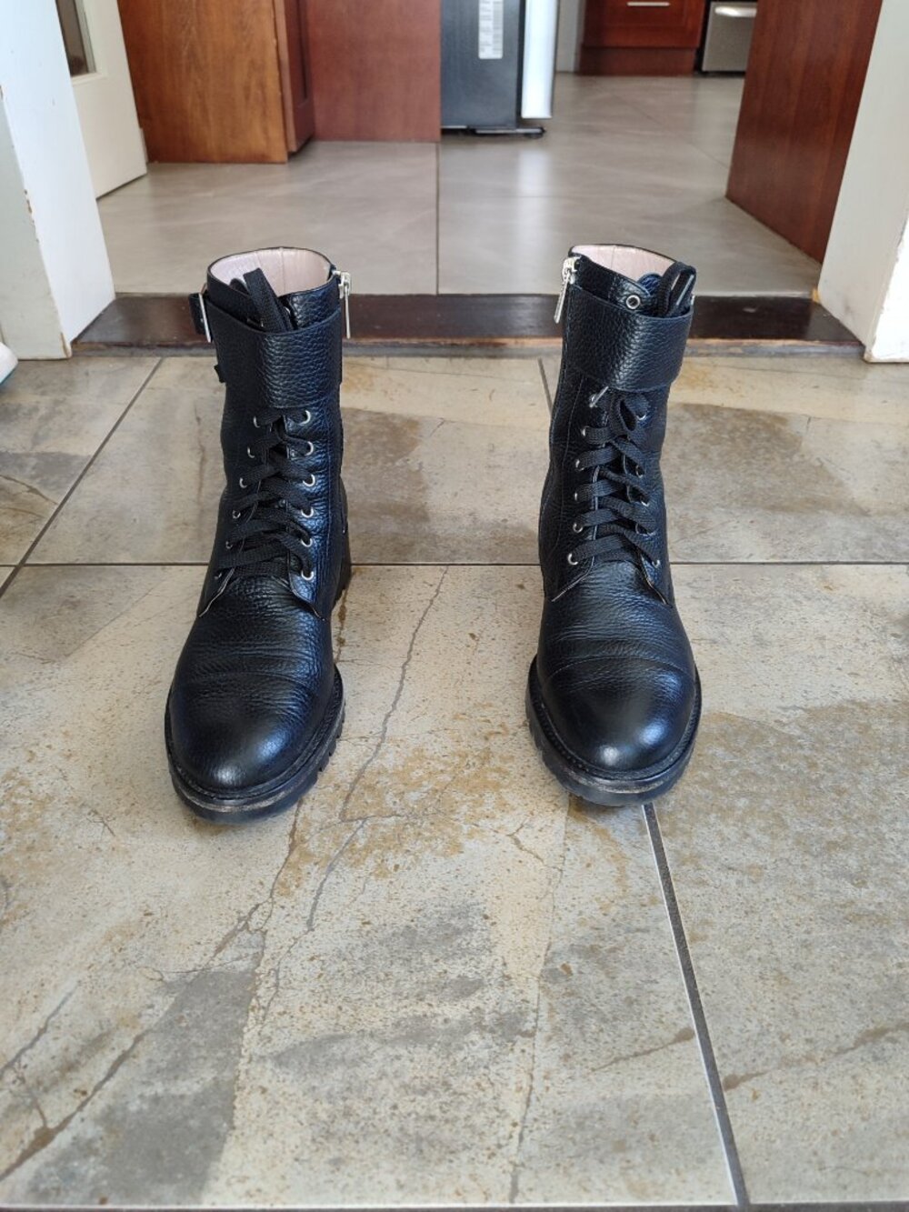 CAVALLINI Italy Black Grained Leather Combat Boots Zipper - Size 37 / US 6